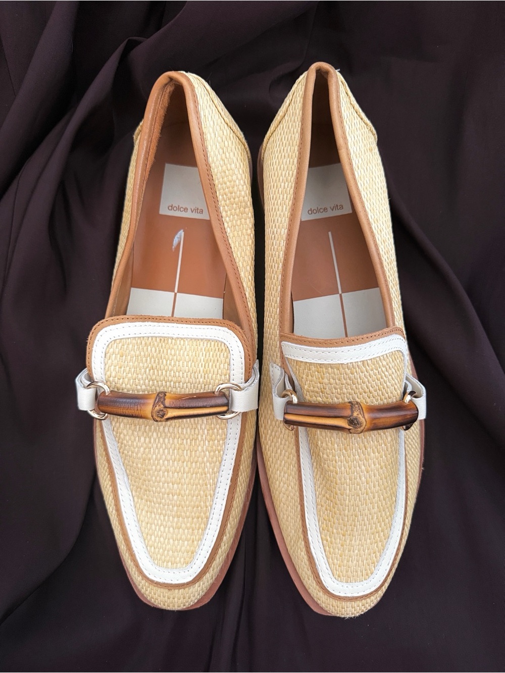 Dolce Vita Beige Woven Loafers with White Trim and Bamboo Bit 9.5